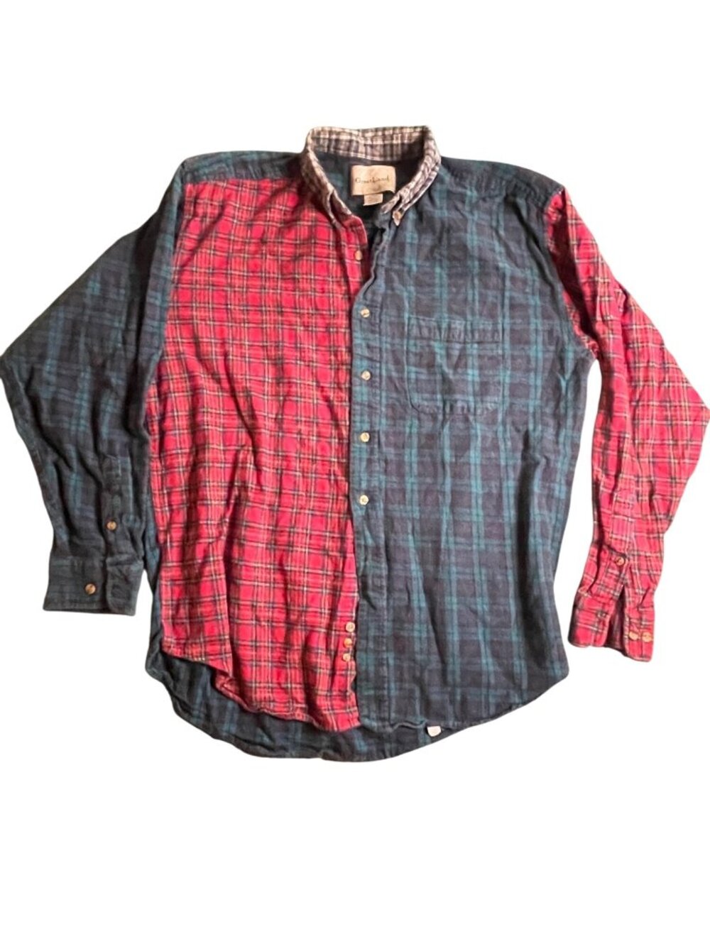GreatLand Mens Patchwork Plaid Button-Up Shirt L Red & Green Long Sleeve Cotton